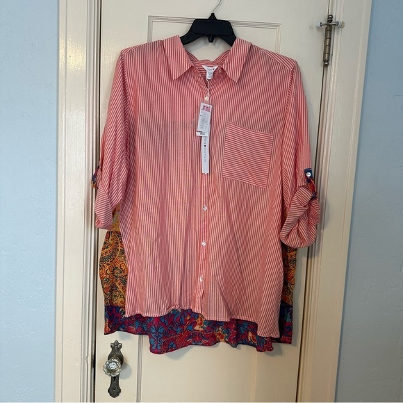 Intro Peach & White Striped Button-Up 3/4 Roll Tab Sleeve Boho Size 3X - Picture 4 of 16